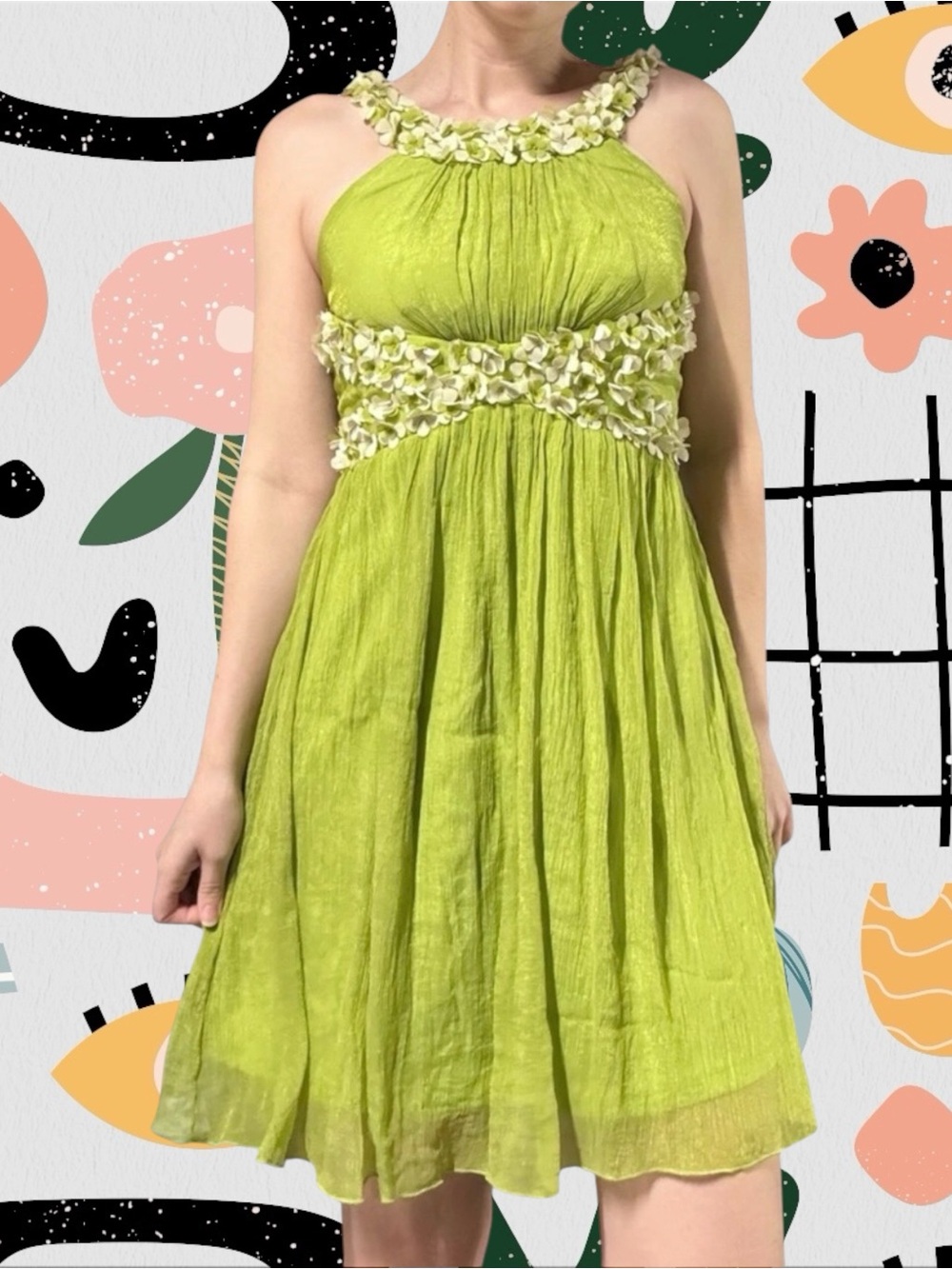 Lucy Paris | Lime Green Floral Appliqué Crinkle Mini Dress